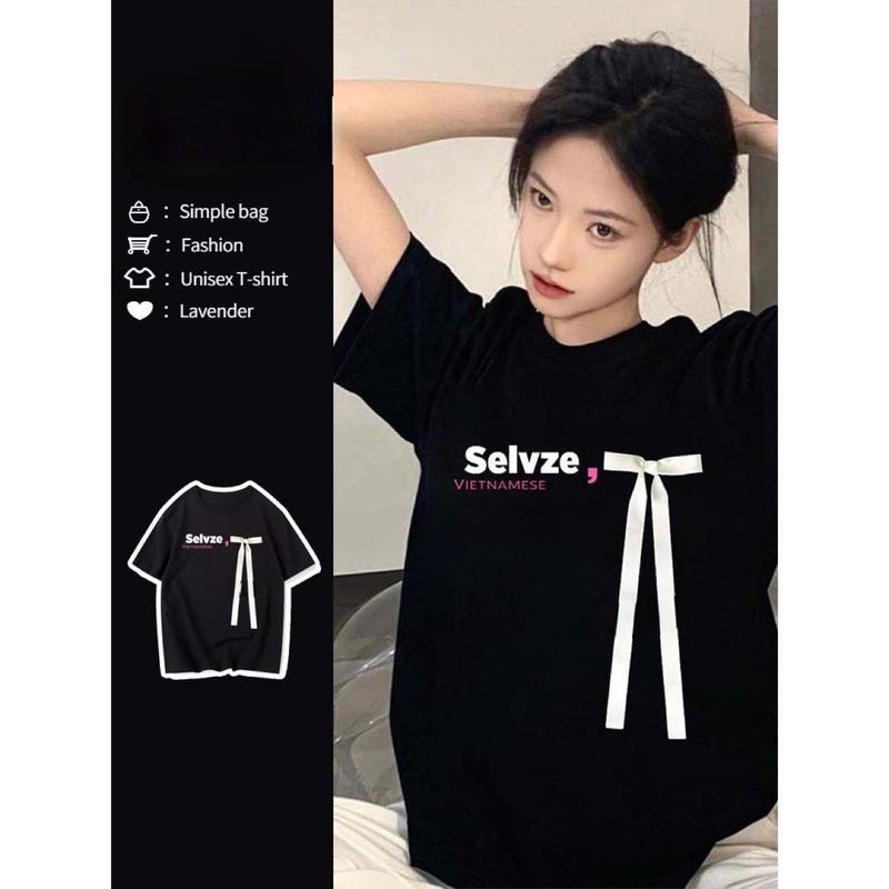 Top Áo phông RAGLAN form rộng Cổ Tròn Cotton su Màu Đen - Áo Thun tay lỡ nam nữ SAM CLO dáng Unisex - mặc cặp, nhóm, lớp in chữ SELVZE VIETNAMESE thắt nơ ruy băng Women aothun  cotton