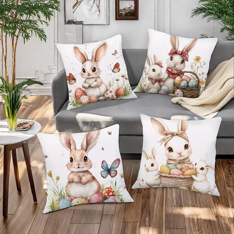 Easter Themed Cushion Cover, 4 Counts/set Rabbit & Egg Pattern Cushion Cover without Filler, Decorative Cushion Cover for Home Sofa Bed 3
