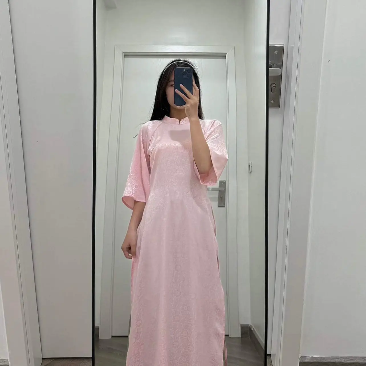 [Tiệm Nhà Mây-MC102] Áo dài Tú Linh dáng suông có cổ chất lụa gấm hoa