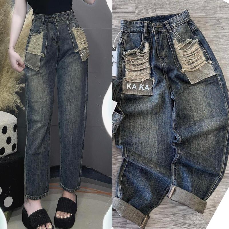 (Bigsize 75kg) Quần Baggy Jean Nữ Lộ Túi Thêu KaKa-Có Túi Rách Cào Denim Women 5