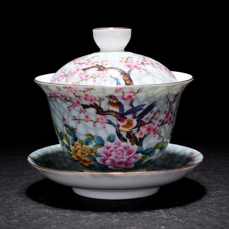 Enamel colored ceramic tea cup with floral patterns and gold inlay, 150ml three piece lid bowl, household tea cup, Kung Fu tea set 0