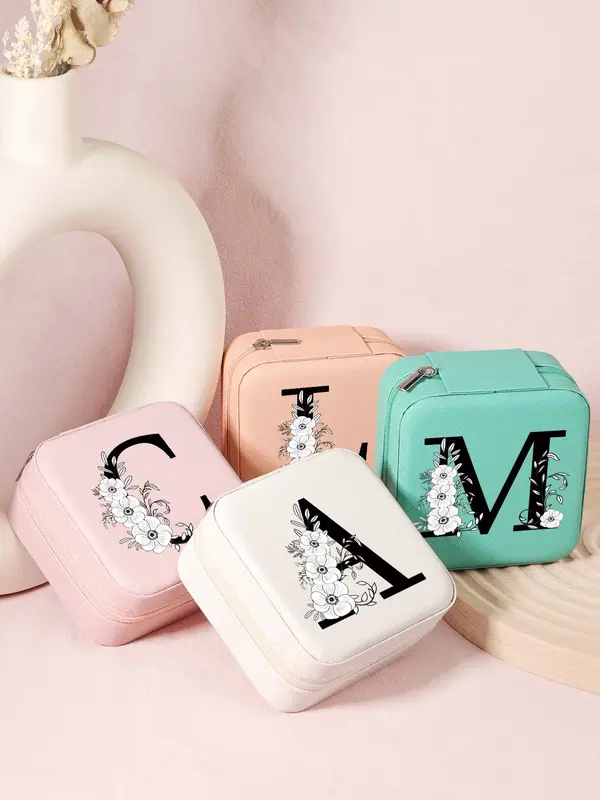 Letter Pattern Jewelry Box, Mini Zipper Jewelry Organizer, Travel Jewelry Storage Box for Rings, Necklaces, and Earrings 5