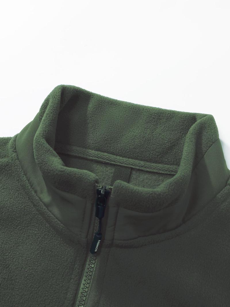 Product Introduction of Men's Solid Patched Pocket Zipper Funnel Neck Fleece Jacket, Regular Fit Casual Long Sleeve Zip Up Outerwear for Fall & Winter, Men's Clothes for Daily Wear 9