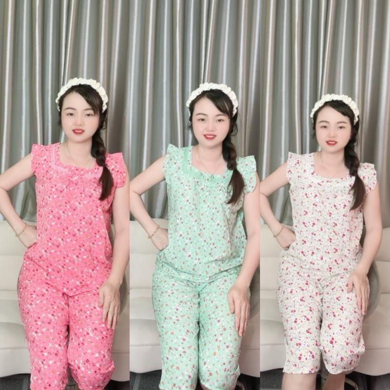 T63 40-75KG SET ĐỒ BỘ NỮ MẶC Ở NHÀ QUẦN LỪNG MẶC NHÀ CÓ TÚI LỤA 100D IN HOA NHÍ VIỀN REN DỄ THƯƠNG Women Áo