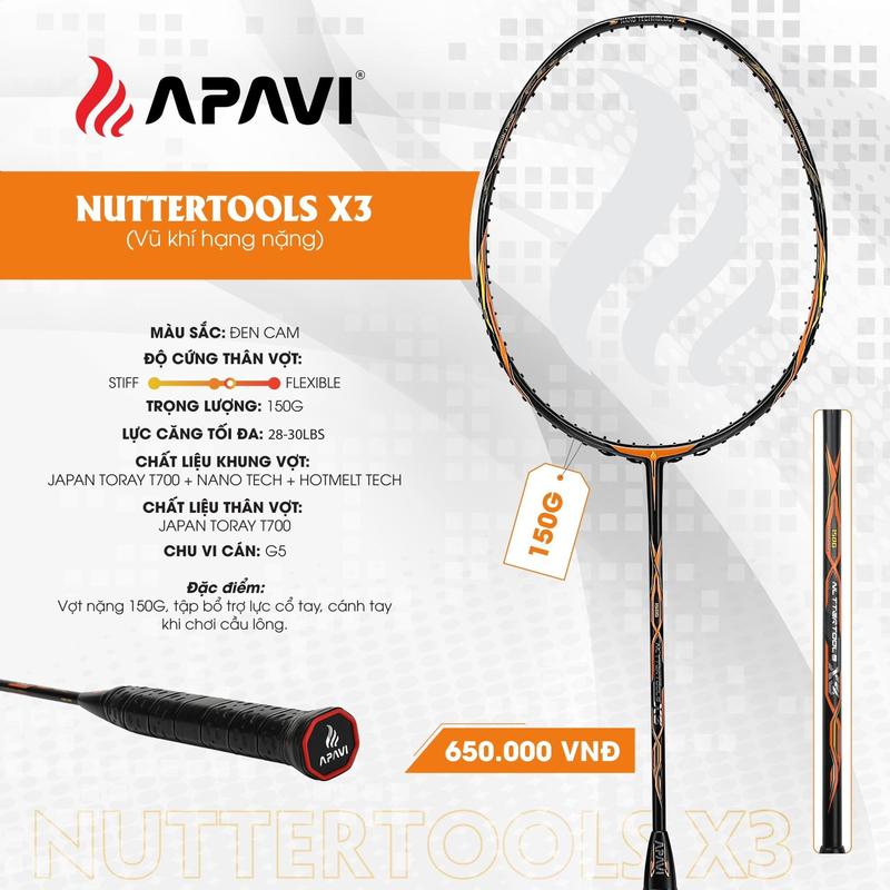 Vợt tập lực cổ tay đã đan lưới Apavi NUTTERTOOLS X3, 150G Đen cam, căng max 13.5KG, bổ trợ tập tay khi chơi cầu lông