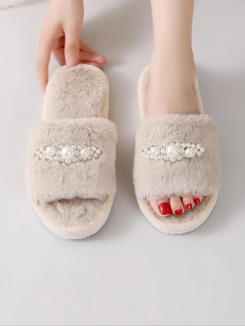 Product Introduction of Women's Faux Pearl Decorated Plush Slippers, Casual Soft Comfortable Home Slippers, Warm Slippers for Indoor & Outdoor Use for Women & Girls 12
