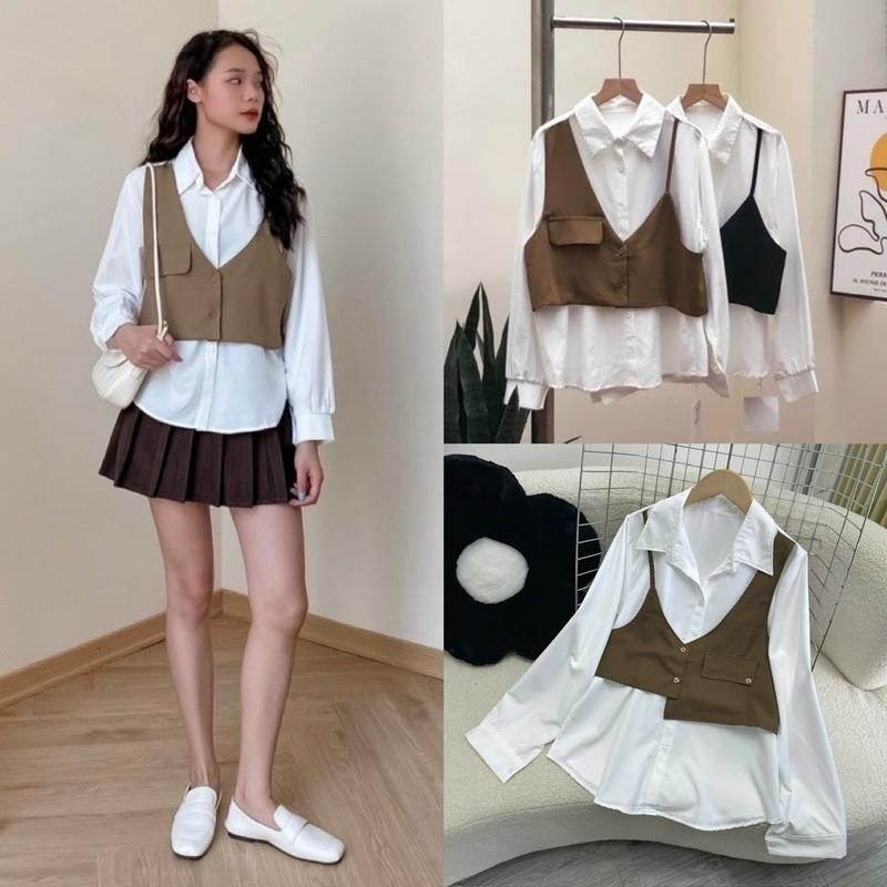 Áo Sơ Mi Phối Gile Bigsize, Áo Sơ Mi Dáng Rộng Chất Vải Lụa Mềm Mịn Cho Nữ Chuppy (50-95kg)- SGL