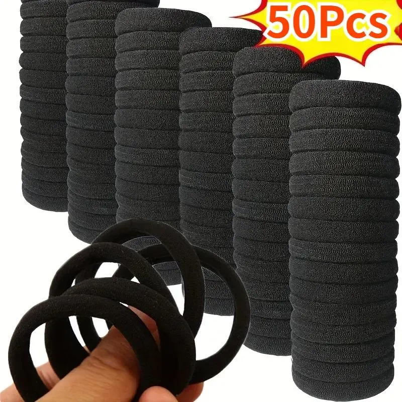 50Pcs Black Hair Bands High Elastic No Seams Hairbands Rubber Ties Ponytail Holder for Girls Hair Accessories