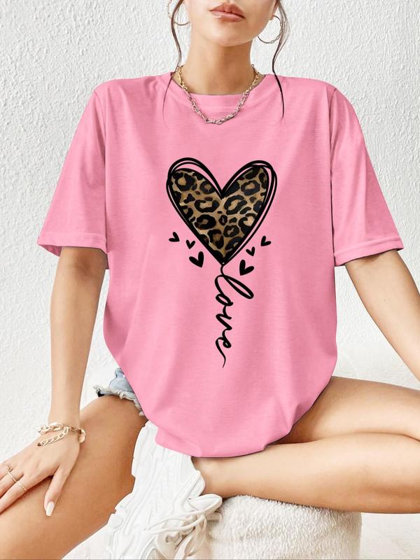Women's Heart & Leopard Print Drop Shoulder Tee, Casual Half Sleeve Round Neck T-Shirt for Daily Wear, Ladies Clothes for All Seasons, Graphic Tees Women, Women's Clothing, Womenswear 4