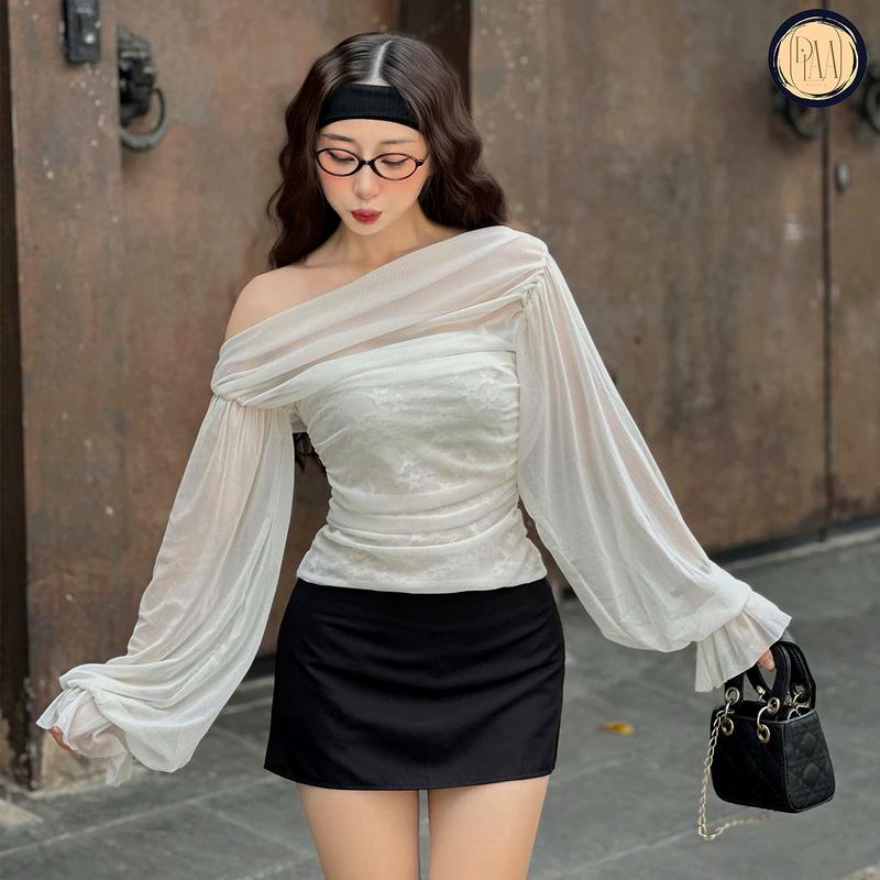 Áo Lưới Tay Dài Trễ Vai Lót Ren DaaLaa Store Kiểu Bồng Bềnh Sang Chảnh A51207