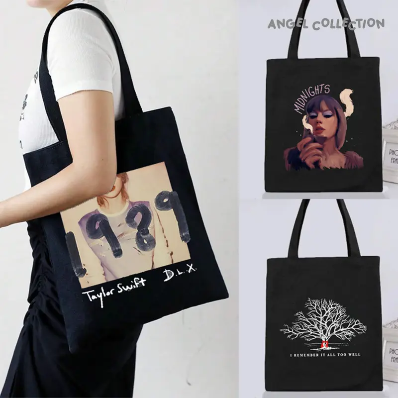 Tas Tote Bag Hitam 100% Kanvas Resleting Taylor Swift Aesthetic Ukuran 30x40 0