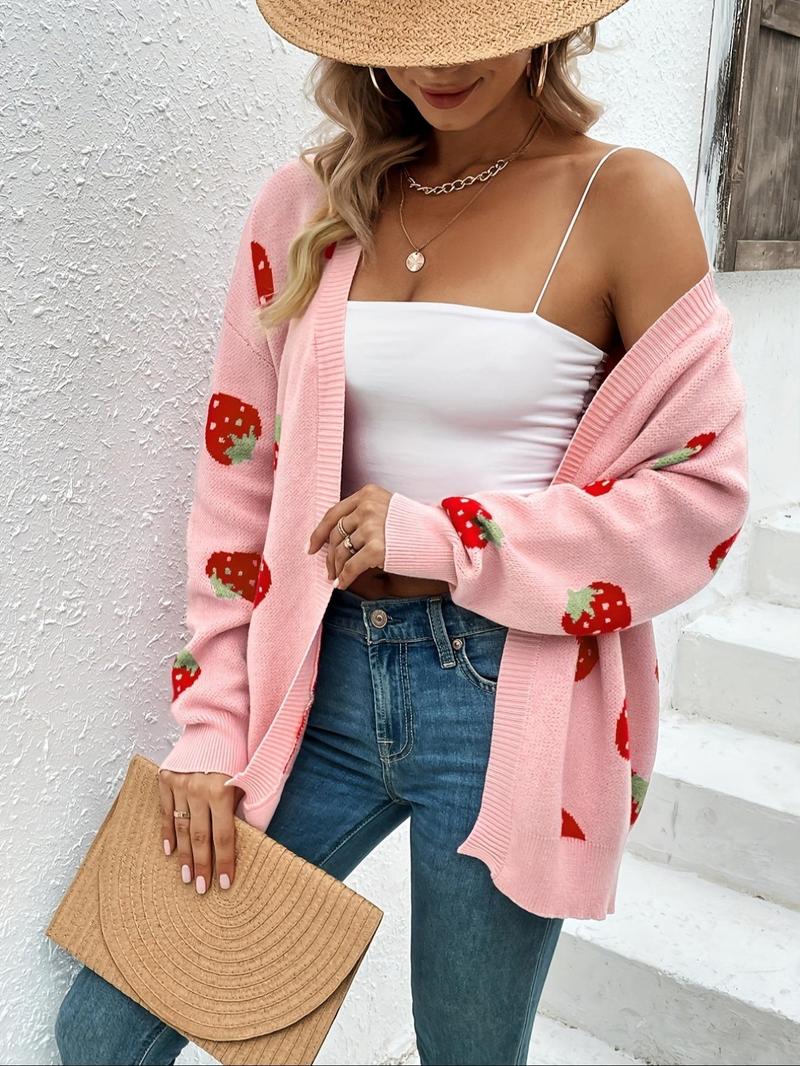 Product Introduction of Women's Strawberry Pattern  Drop Shoulder  Cardigan, Fashion Casual Long Sleeve Open Front Knitwear for Daily Wear, Ladies Clothes for All Seasons 5