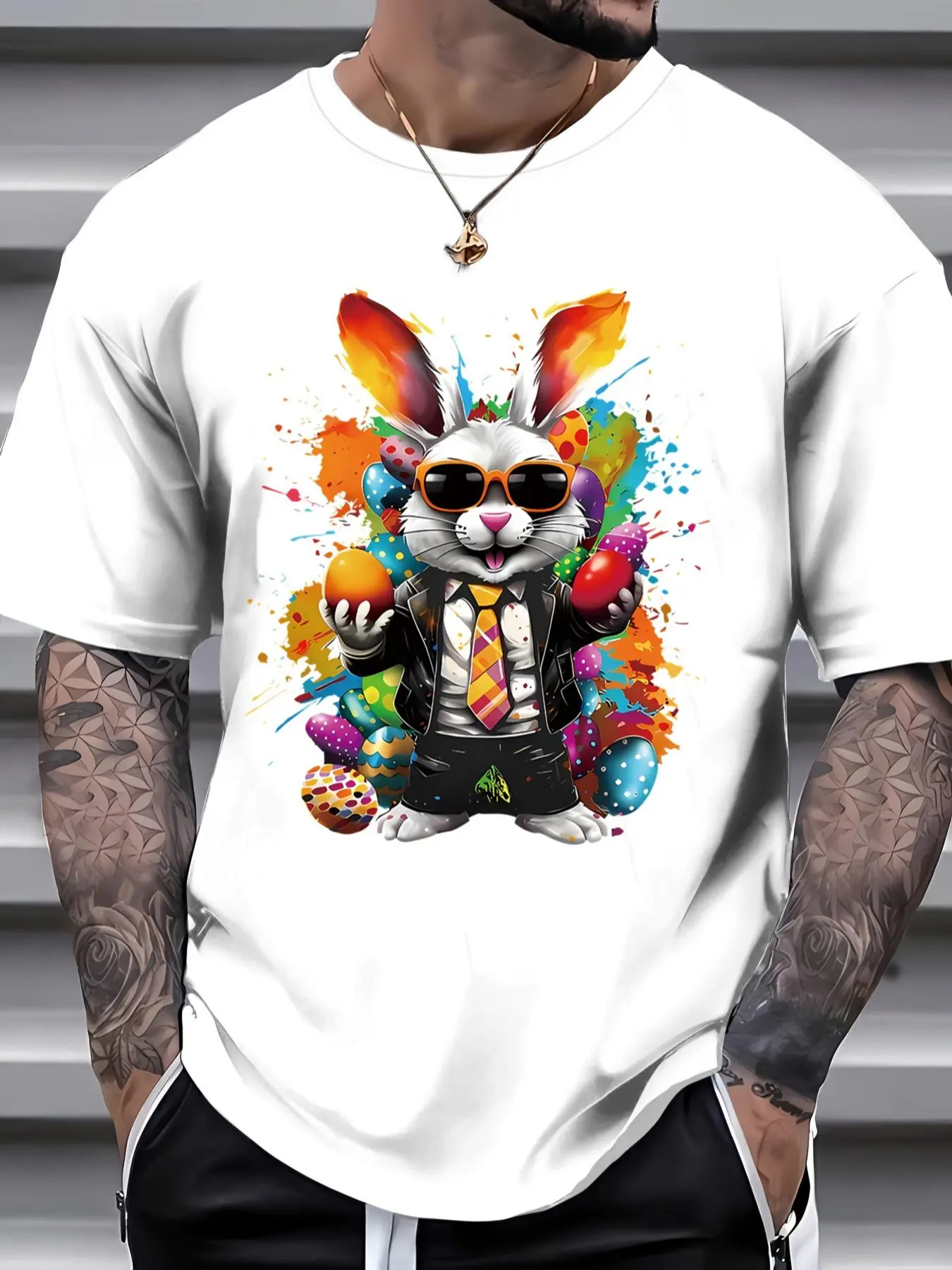 Men's Cartoon Rabbit Print Round Neck Tee, Loose Casual Fashion Short Sleeve T-shirt for Summer, Men's Top for Daily Wear, Tropical