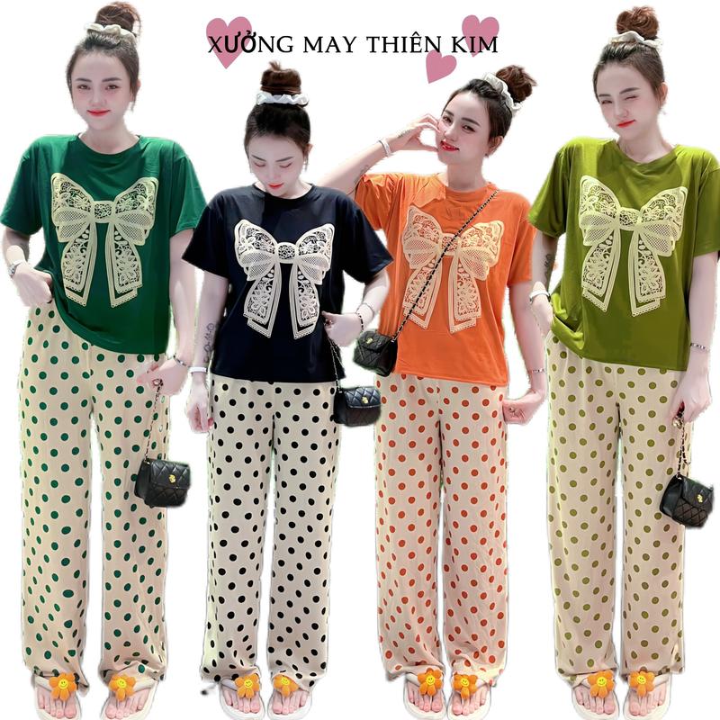 SET BỘ QUẦN DÀI UỐNG SUÔN GÂN TĂM LẠNH IN CHẤM BI PHỐI ÁO COTON IN NƠ SIÊU CUTE Women Nữ  Thun Top