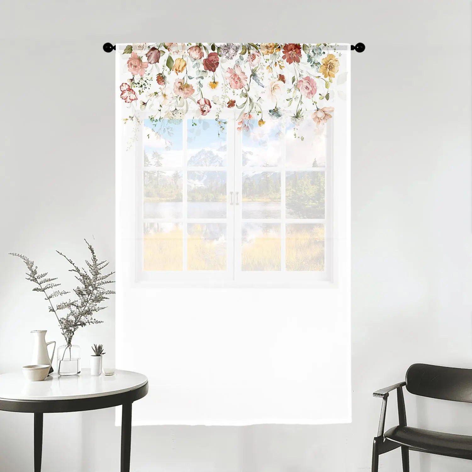 Floral Pattern Door Curtain, 1/2 Counts Flower Printed Curtain with Rod Pocket Design, Home Decor for Living Room Bedroom Study Room