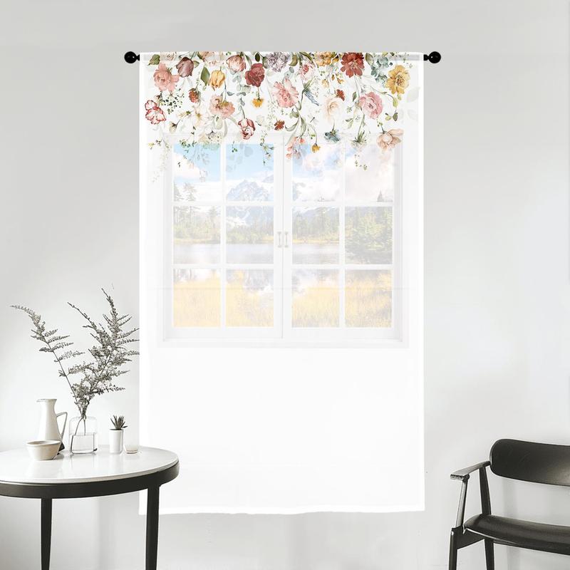 Product Introduction of Floral Pattern Door Curtain, 1/2 Counts Flower Printed Curtain with Rod Pocket Design, Home Decor for Living Room Bedroom Study Room 0