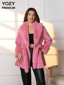 YOZY Women's Solid Color Belted Pocket Raglan Sleeve Faux Fur Jacket, Casual Long Sleeve Waterfall Collar Outerwear for Fall & Winter, Ladies Clothes for Daily Wear