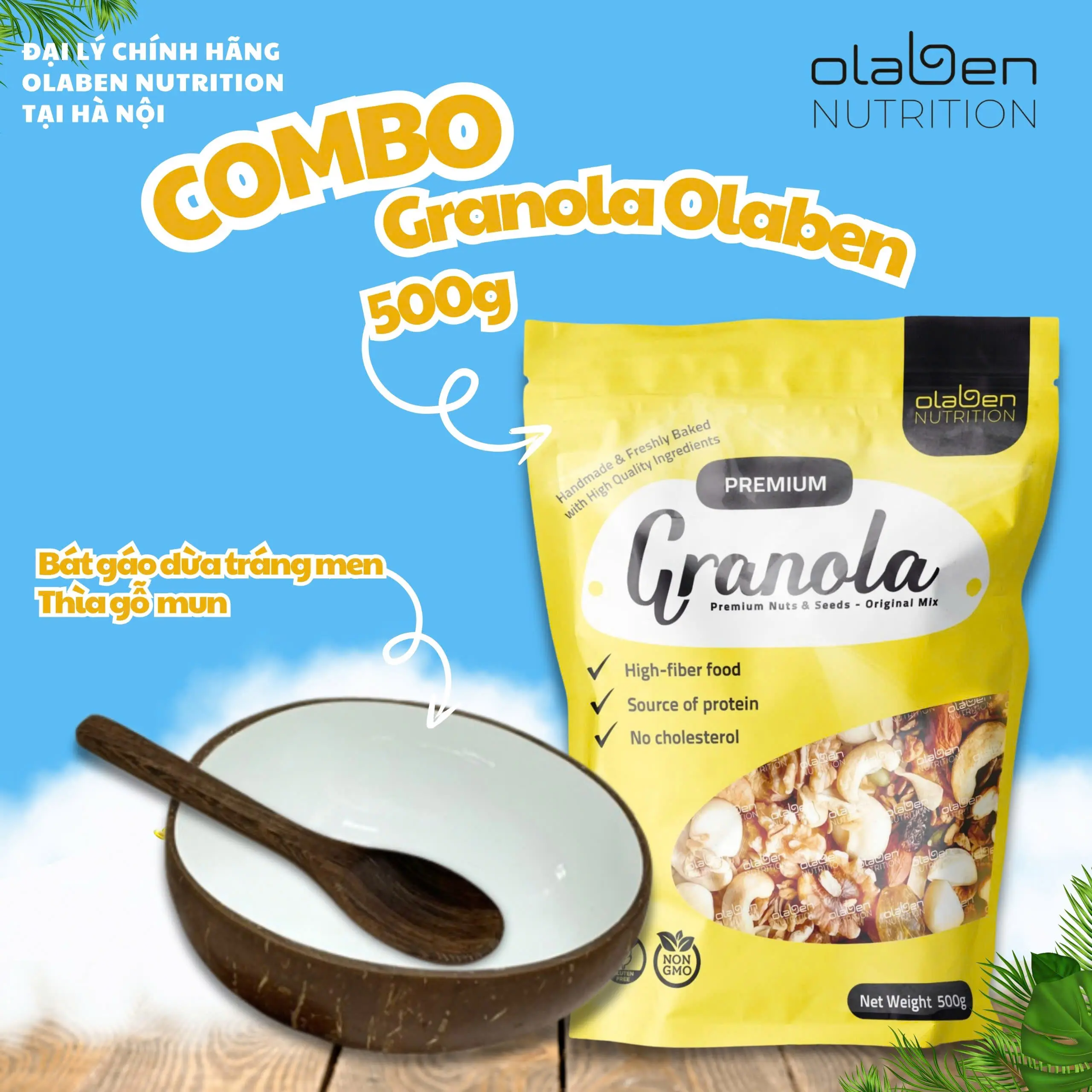 [CHÍNH HÃNG MUA 1 ĐƯỢC 3] 01 Gói Granola Olaben Nutrition Kèm 01 Bát Gáo Dừa Tráng Men và 01 thìa gỗ mun ngucoc hats end ngu co