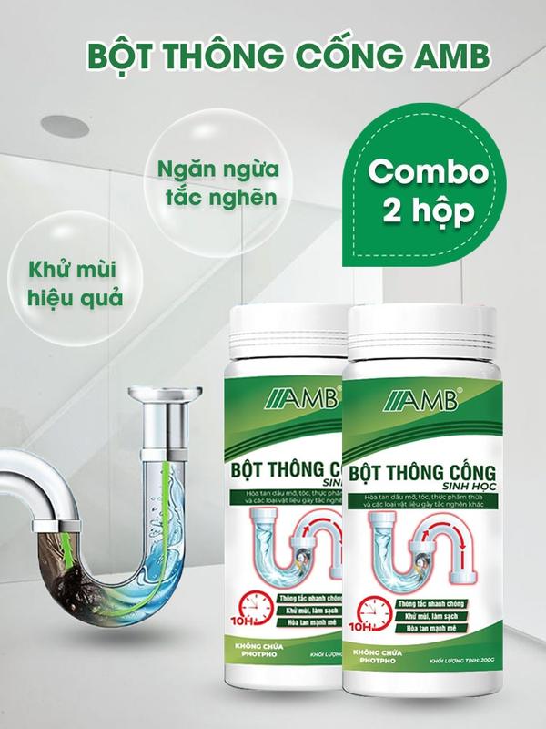 Combo 2 lọ bột thông cống sinh học AMB, bột thông bồn cầu, bồn rửa bát ,hiệu quả an toàn. bộttiêuhuỷ hầmcầu Làm Sạch Household Cleaners đồ vệ sinh nhà cửa bon cau   boncau bột  thống