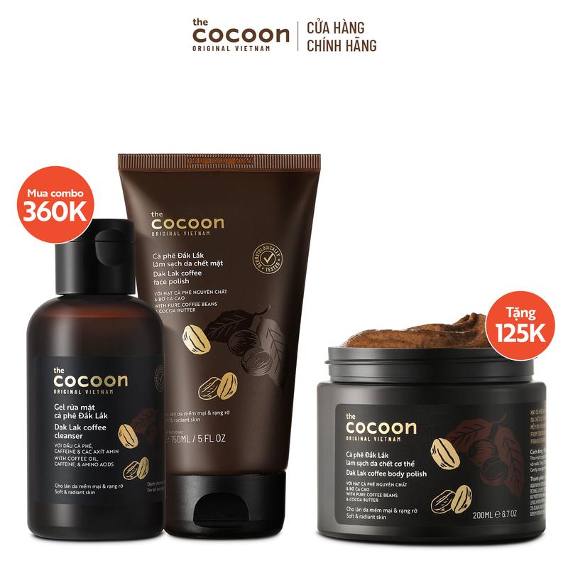 SPECIAL COMBO Gel rửa mặt cà phê 140ml + Tẩy da chết mặt cà phê 150ml tặng Tẩy da chết cơ thể cà phê Đắk Lắk Cocoon 200ml