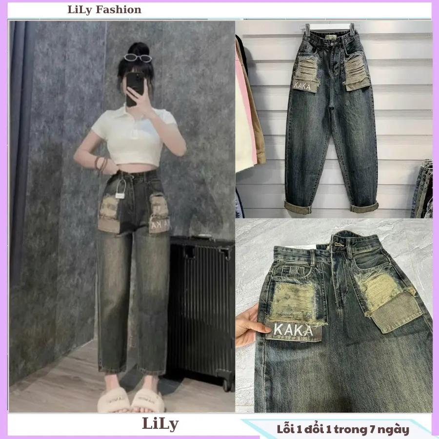 Quần baggy phối túi thêu chữ kaka chất bò đẹp form chuẩn