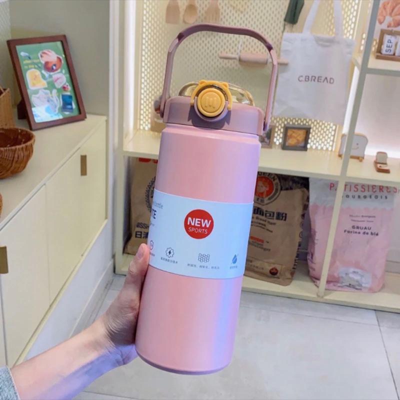 Bình Giữ Nhiệt 1200ml,1000ml,800ml Giữ Nhiệt 6-8 tiếng inox 304 Có Quai Xách Kèm Ống Hút tặng miếng dán 2D + stickerS 3