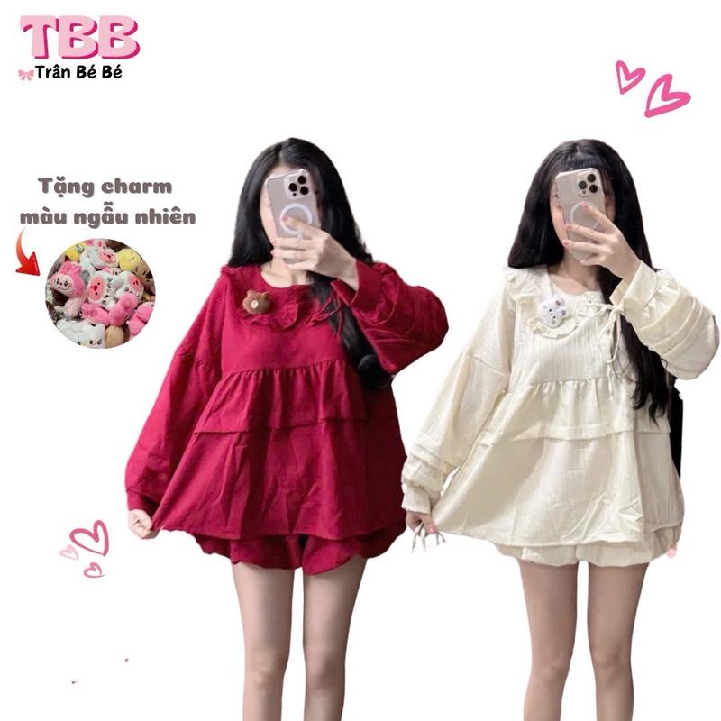 TBB Set Áo Tay Dài Babydoll Cài Gấu và Quần Bí Đính Nơ Cute. Set mặc dạo phố phong cách dễ thương. Nữ vay mactet set đồ