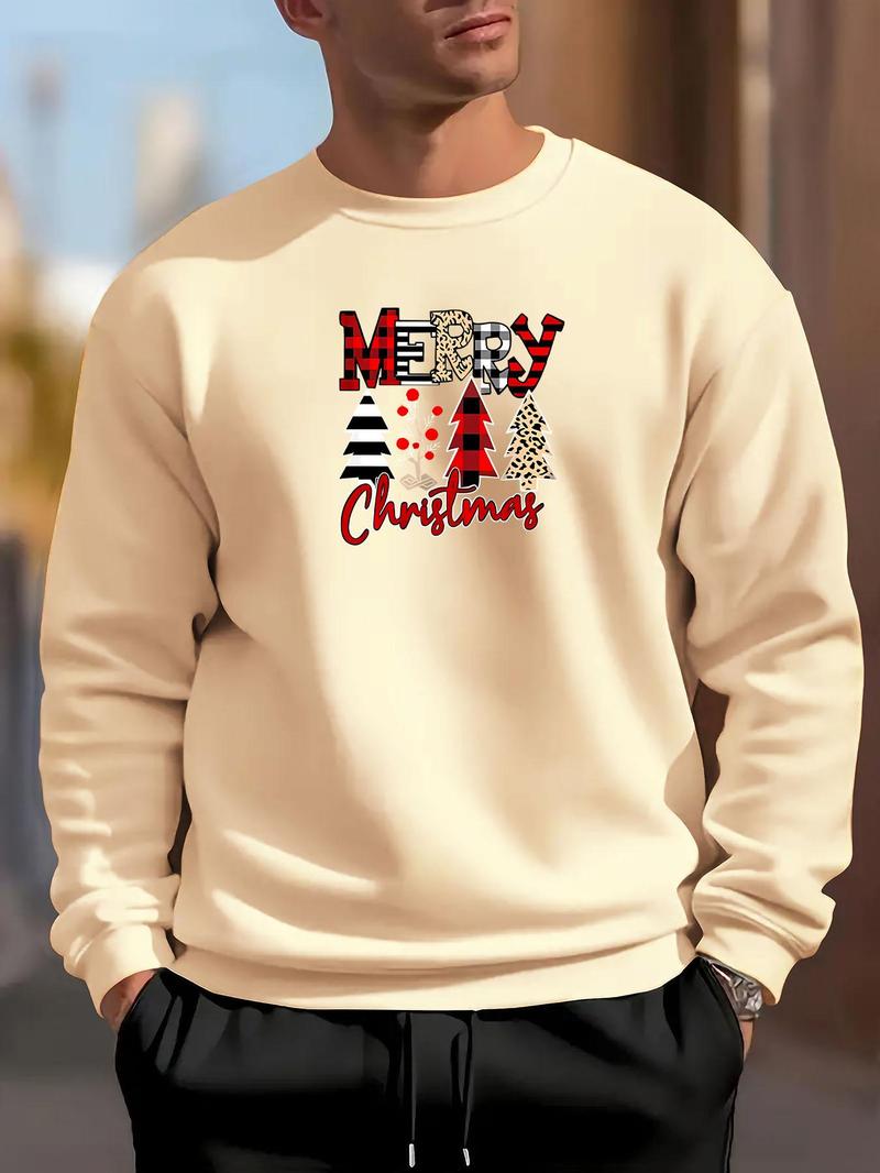 Product Introduction of Men's Christmas Tree & Letter Print Thermal Lined Sweatshirt, Regular Fit Casual Soft Comfy Long Sleeve Round Neck Pullover for Fall & Winter, Men's Clothes for Daily Wear 6