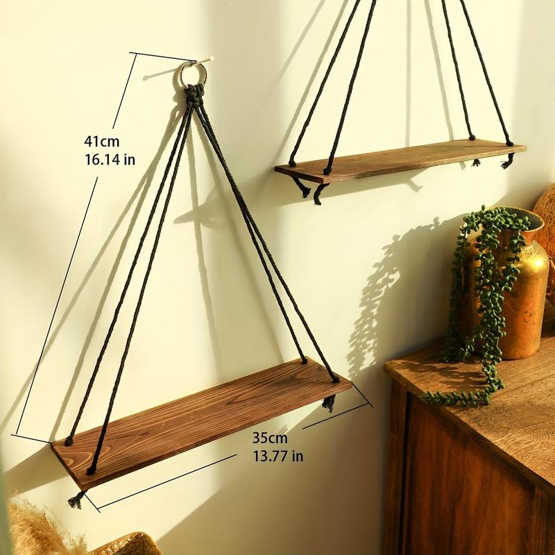 Hanging Wooden Shelves, 2 Counts Boho Hanging Plant Shelf, Floating Farmhouse Rustic Shelf, Room Decor, Summer Gifts Home Interior Decor 2