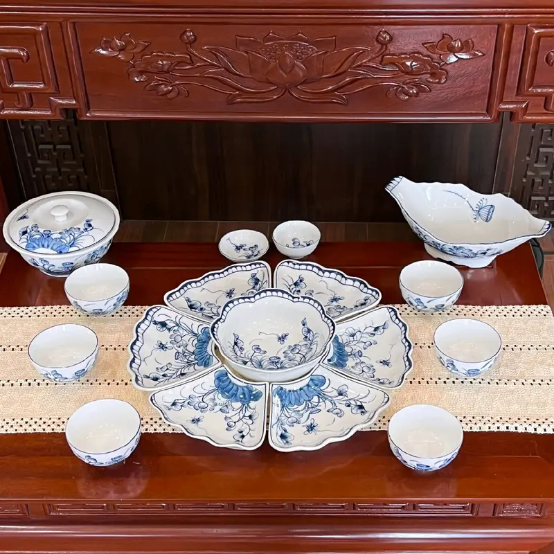 Bộ bát đĩa hoa mặt trời hoạ tiết SEN CHUỒN VẼ KỸ 6