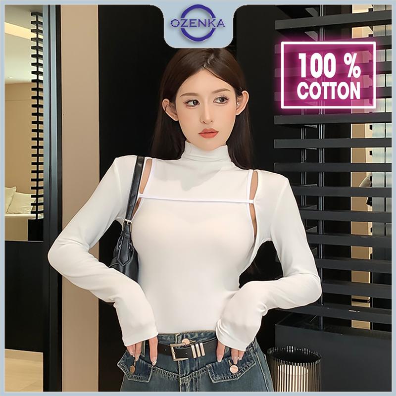 Set áo croptop nữ cổ lọ ba lỗ kèm áo dài tay sang chảnh gợi cảm chất cotton đen trắng ozenka Thun Cổ Tròn Denim Jean Kem Women Sơ Mi