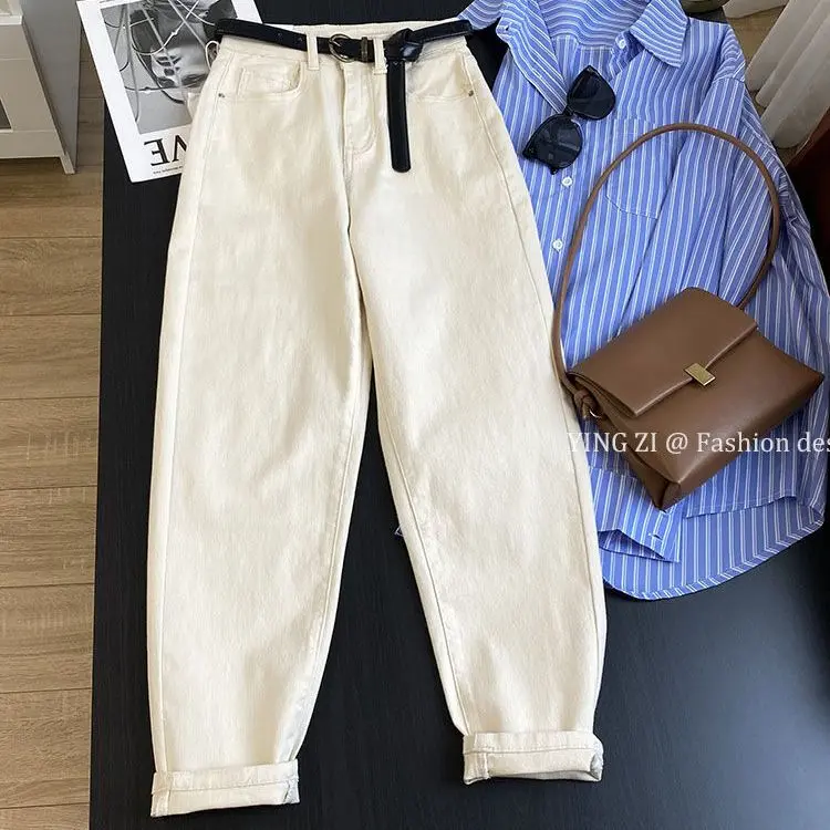 Quần Jean Harem, Màu Trắng Kem, Dành Cho Nữ, Dáng Suông Rộng Vừa Vặn, Cạp Cao, Bó Sát, Màu Mơ, Phong Cách Daddy, Quần Ống Côn, Hàng Mới Về Mùa Thu 2024， Women， Pants
