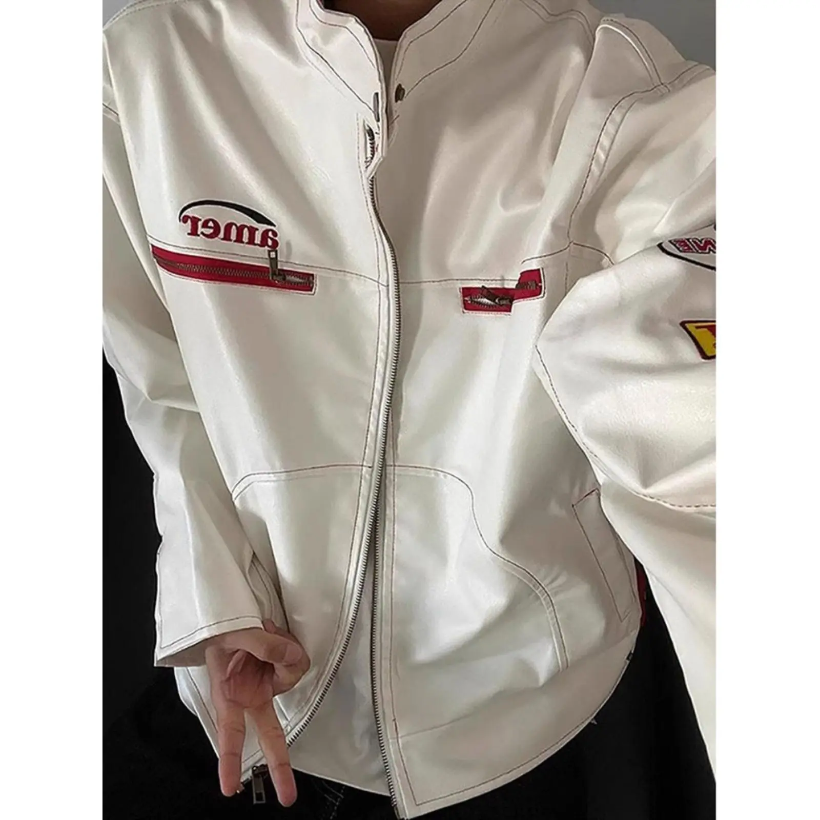 White Cropped Leather Coat Men's Autumn and Winter American High Street Motorcycle Clothing High Sense Stand Collar Embroidery Jacket