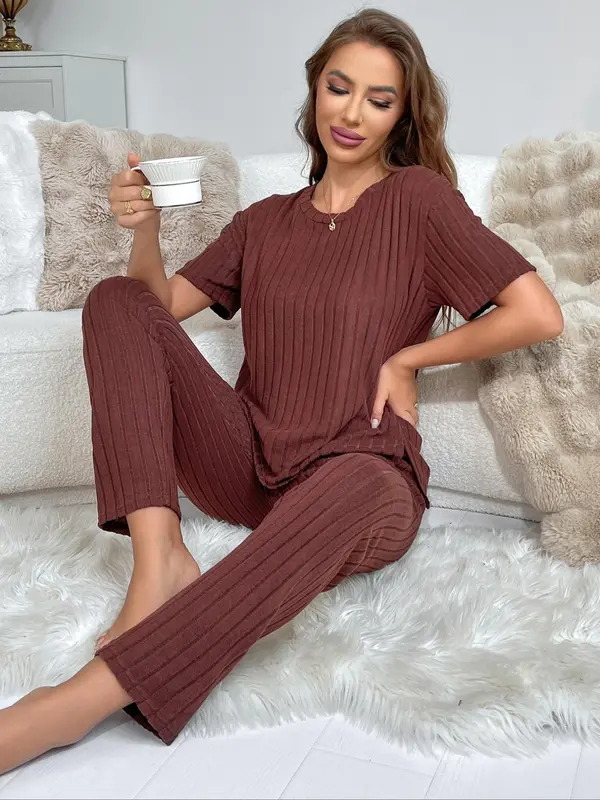 Women's Solid Ribbed Drop Shoulder Tee & Pants Pyjama Two-piece Set, Casual Comfy Split Hem Short Sleeve Top & Trousers Pj Set, Ladies Sleepwear for All Seasons 4
