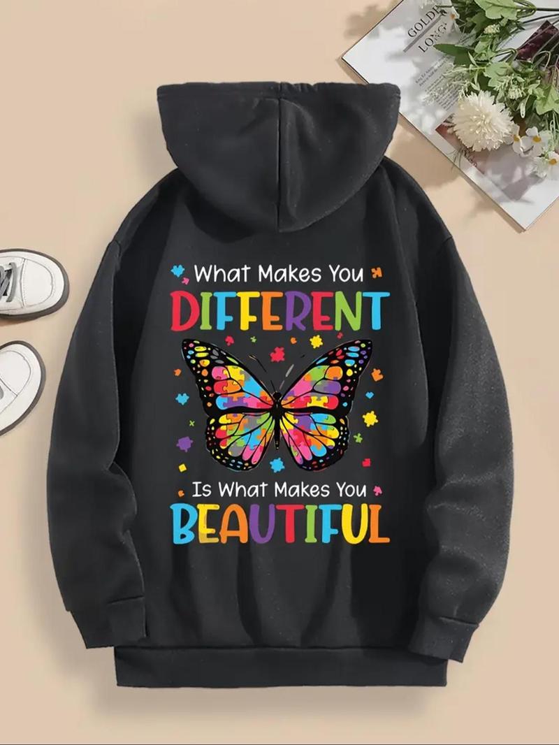 Product Introduction of Women's Butterfly & Letter Print Drawstring Pocket Hoodie, Casual Long Sleeve Hooded Sweatshirt for Fall & Winter, Women's Clothes for Daily Wear 1