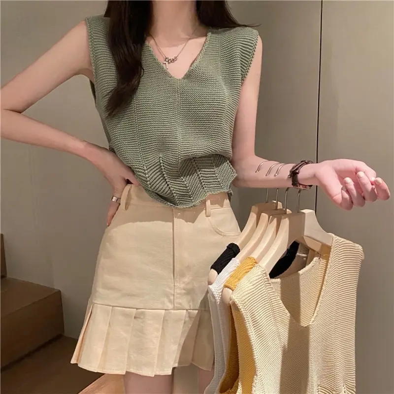 Áo ba lỗ len dệt kim nữ kiểu cổ V dáng rộng chất len mềm mịn hàng đẹp thiết kế Quảng Châu cao cấp trẻ trung