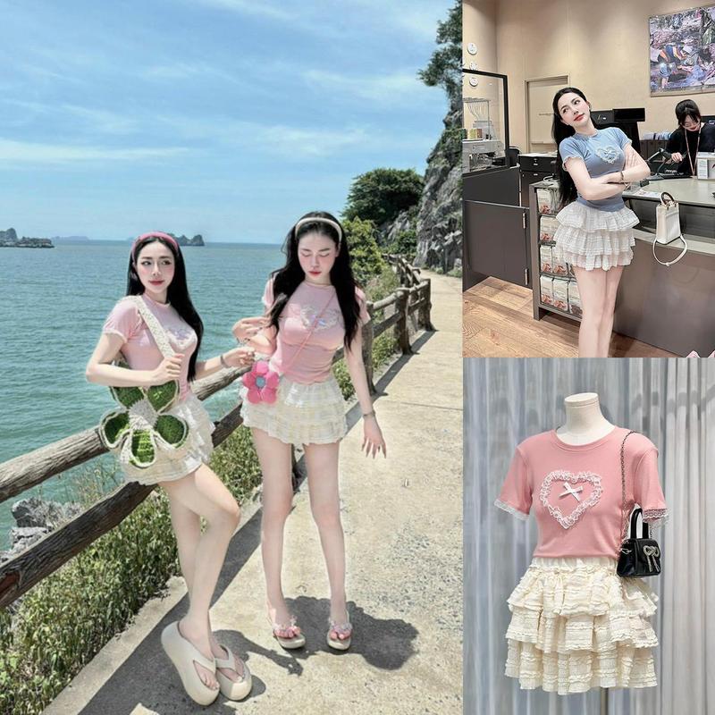 Set bộ áo trái tim đính nổi thiết kế phối ren tay kết hợp chân váy ngắn ren tầng dễ thương Nữ Women Top