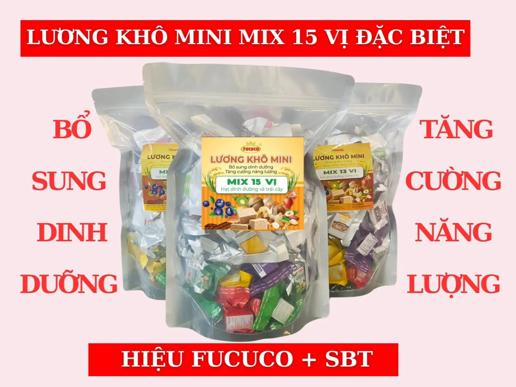 1Kg Lương khô mini mix 15 vị Hạt dinh dưỡng & Trái cây siêu ngon (hiệu Fucuco & SBT)- Ăn Vặt Food Snack Thức Ăn Bánh Quy