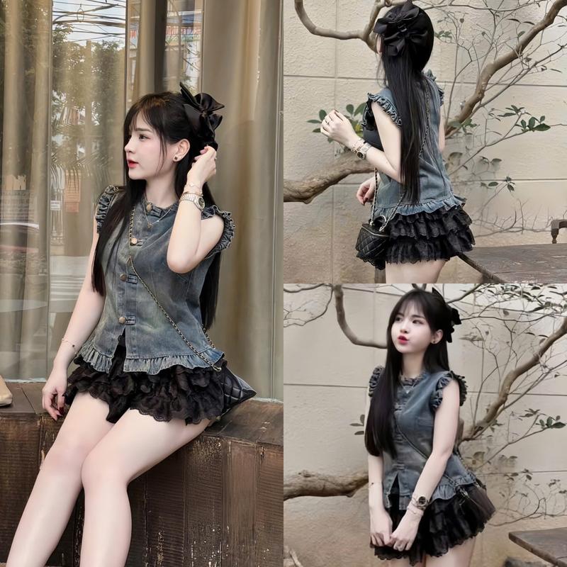  Set bộ nữ bò áo jean sát nách viền bèo nút thật kèm chân váy tơ tầng tiểu thư xinh xắn cho nàng đi chơi,đi dạo phố. 