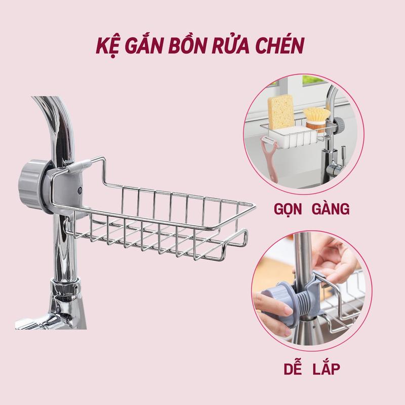 Kệ Inox Gắn Bồn Rửa Chén Kệ Inox Gắn Vòi Nước Để Bồn Rửa Chén Kệ Để Miếng Rửa Chén Có Móc Treo Tiện Lợi Kitchen bàn trang điểm chữ h đựng gia vị đồ phòng ngủ giày dép đỡ tường kede bon rua