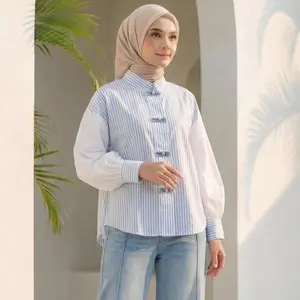 FADFAD Atasan Kemeja Wanita Lengan Panjang Motif Garis Gaya Baju China Untuk Wanita
