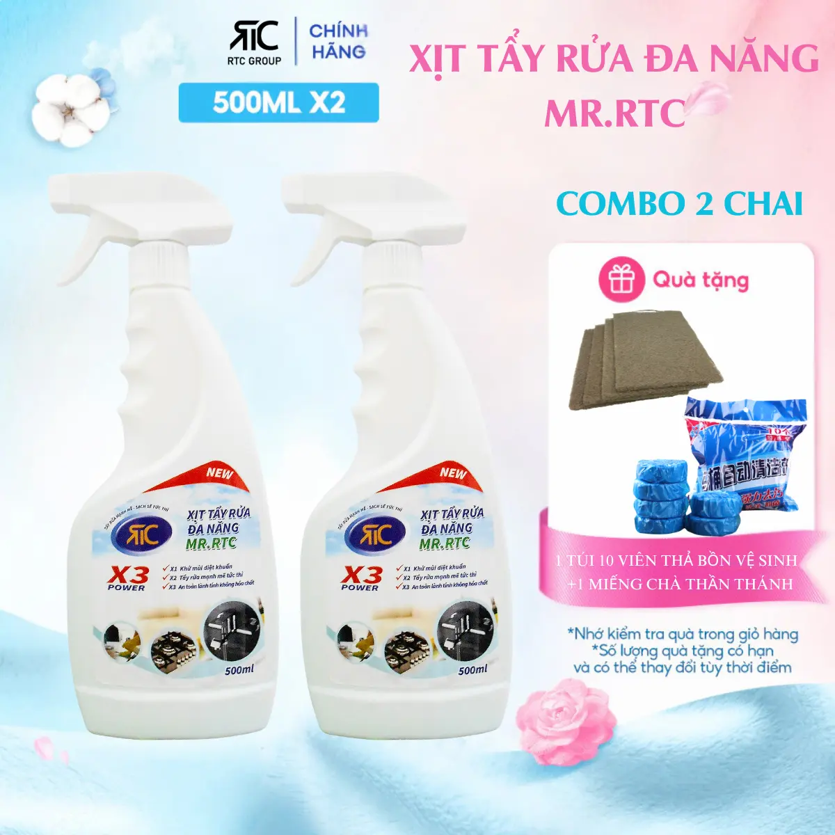 [MUA 2 TẶNG 2] COMBO 2 Chai Xịt Tẩy Đa Năng MR.RTC Làm Sạch Dầu Mỡ, Vết Ố Vàng,..Hương Thơm Dịu Nhẹ,An Toàn,Lành Tính Dung Tích 500ml (Tặng 1 Túi 10 Viên Thả Bồn Vệ Sinh  +1 Miếng Chà Nhám Thần Thánh)