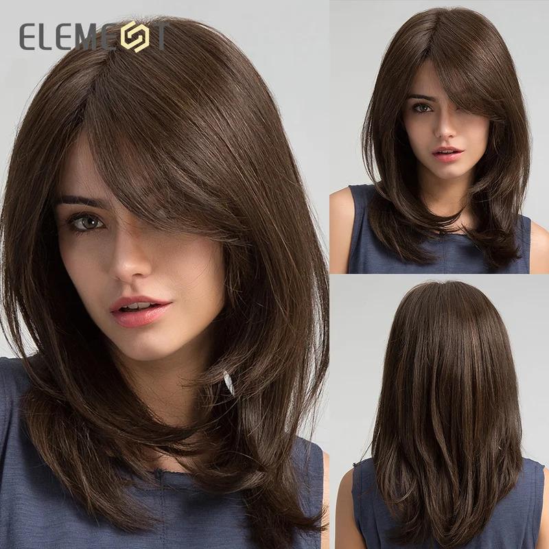 Element Medium Length Synthetic Straight Natural Brown Wigs with ...
