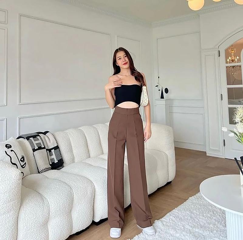 Quần tây nữ cao cấp ống suông, ống rộng, lưng cao - màu nâu cà phê - Size S-3XL, sinh viên  công sở Pants Women Ong Cotton 4