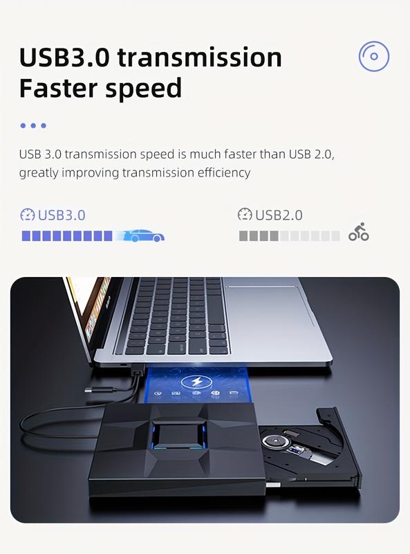 Product Introduction of External USB3.0 Optical Drive, External Mobile DVD Burner High-definition Player, Portable CD/VCD/DVD Player, Nine-grid Style Burner, For Burning, Reading, And Playing On Laptops And PCs. 3