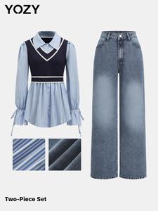 YOZY Women's 2 in 1 Blouse & Straight Leg Jeans Set, Women's Clothes for Daily Wear