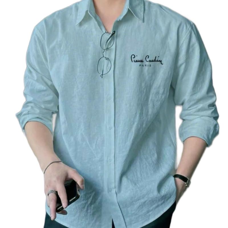 Pierre Cardin Áo Sơ Mi Dài Tay Nam Màu Xanh Dương Chất Liệu Đũi Vân Mây Nhẹ Mát Thấm Hút Mồ Hôi Size 45-85kg Có Cổ