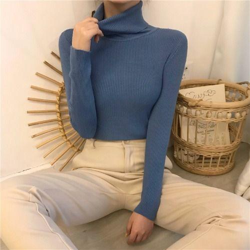Áo Len Dài Tay, Phong Cách Hàn Quốc, Cổ Lọ Mỏng, Màu Trơn Co Giãn, Ôm Sát, Áo Mặc Trong 0