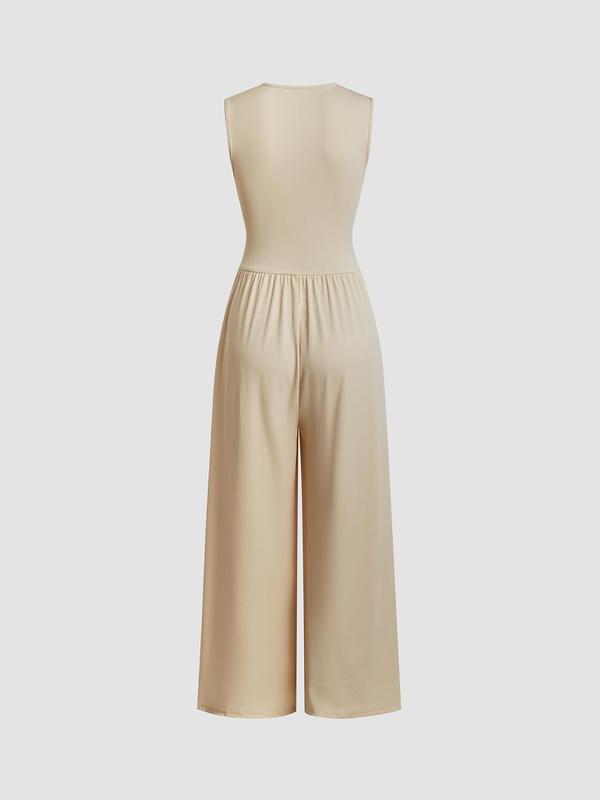 Women's Plain Ruched Deep V Neck Ribbed Jumpsuit, Elegant Sleeveless Wide Leg Jumpsuit for Summer, Back To School Outfits, Ladies Clothes for Beach Holiday Vacation,  Curve Fashion Womenswear Overalls 7