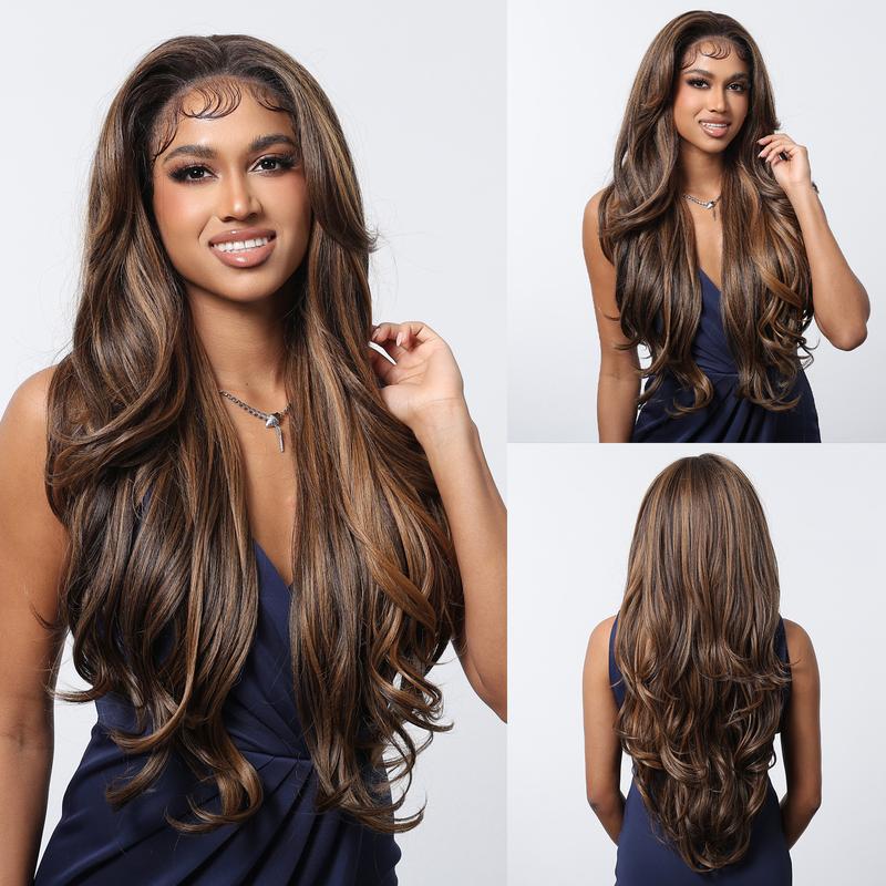 13*6  Lace Front Synthetic Wigs Wavy Dark Brown with Light Brown Color Daily Party Wig for Women Ladies Natural Use 7